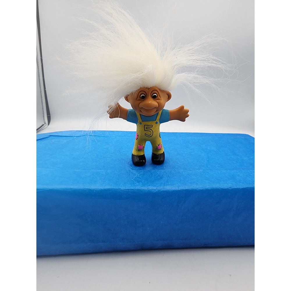 Vintage 1992 Norfin Troll Doll Just Toys LLC Yellow Overalls Number 5 White Hair